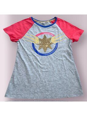 Captain Marvel Girls Flip Sequin Shirt XL 14/16 Marvel Graphic Tee Pink Gray